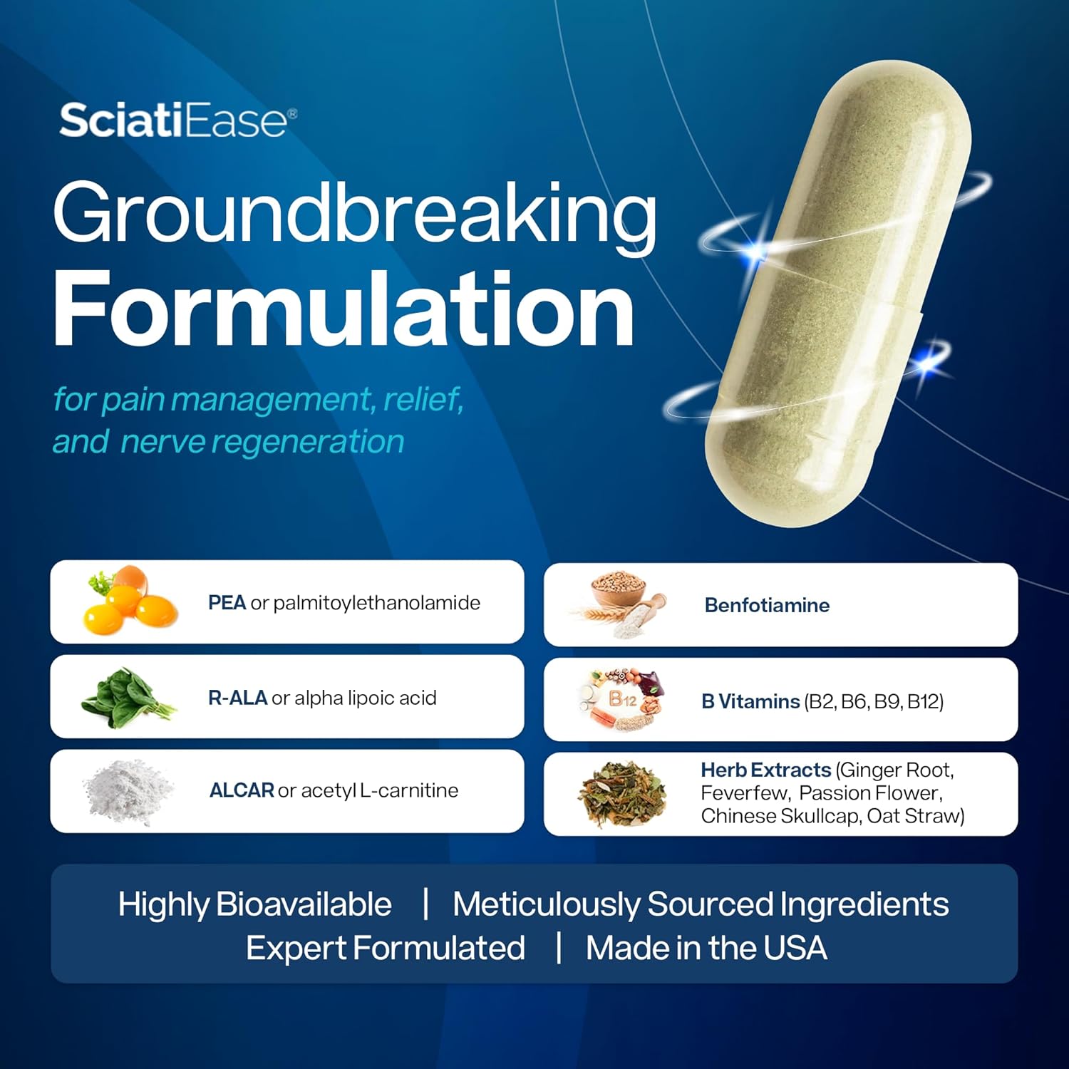 SciatiEase Sciatic Nerve Health Support Supplement - Nerve Support Formula with AlphaPalm, Pea, Vitamin B Complex, Alpha Lipoic Acid 300mg - 120 Capsules